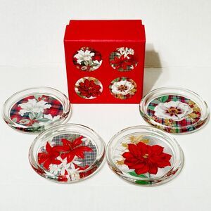 Vtg set 4 Glass Coasters Fringe Studio Christmas Holiday Floral Plaid Felt Back